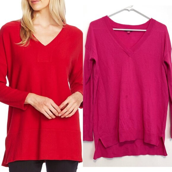 VINCE CAMUTO Magenta Fuchsia Barbie Pink V-Neck High Low Hi-Lo Tunic Sweater S - Picture 1 of 16